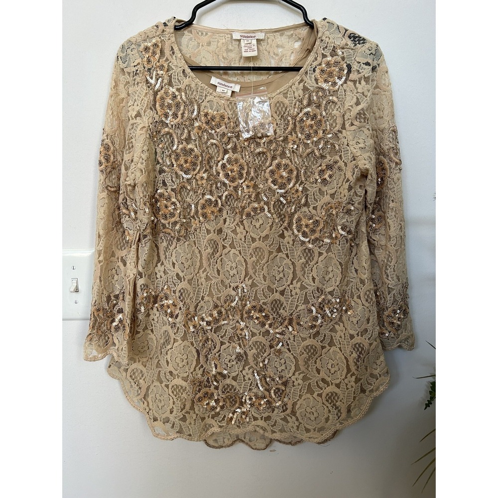 NEW Sundance Moon Flower Top Gold Lined Lace Embellished 2pc Embroidery Blouse M